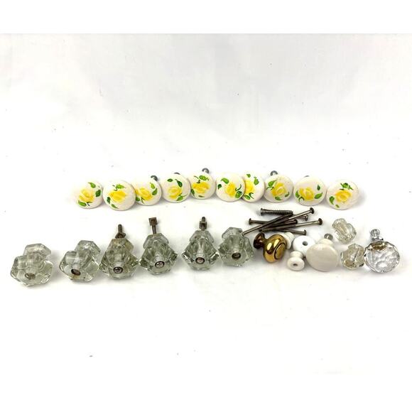 Vintage Lot of 20 Ceramic Glass Cabinet Pull Knobs Yellow Floral Clear Faceted - Picture 14 of 16